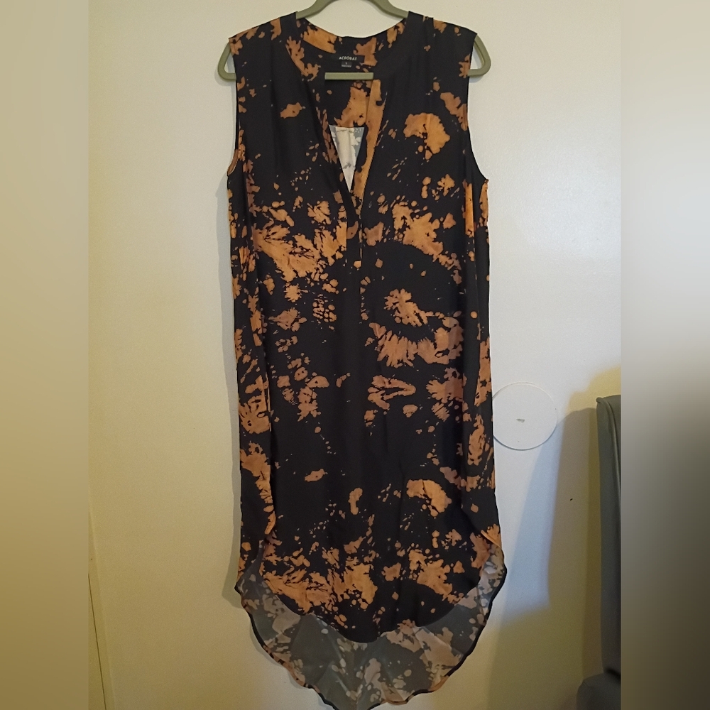 Acrobat Women's High Low Black and Orange Tie-dye Dress 100% Silk Sz L